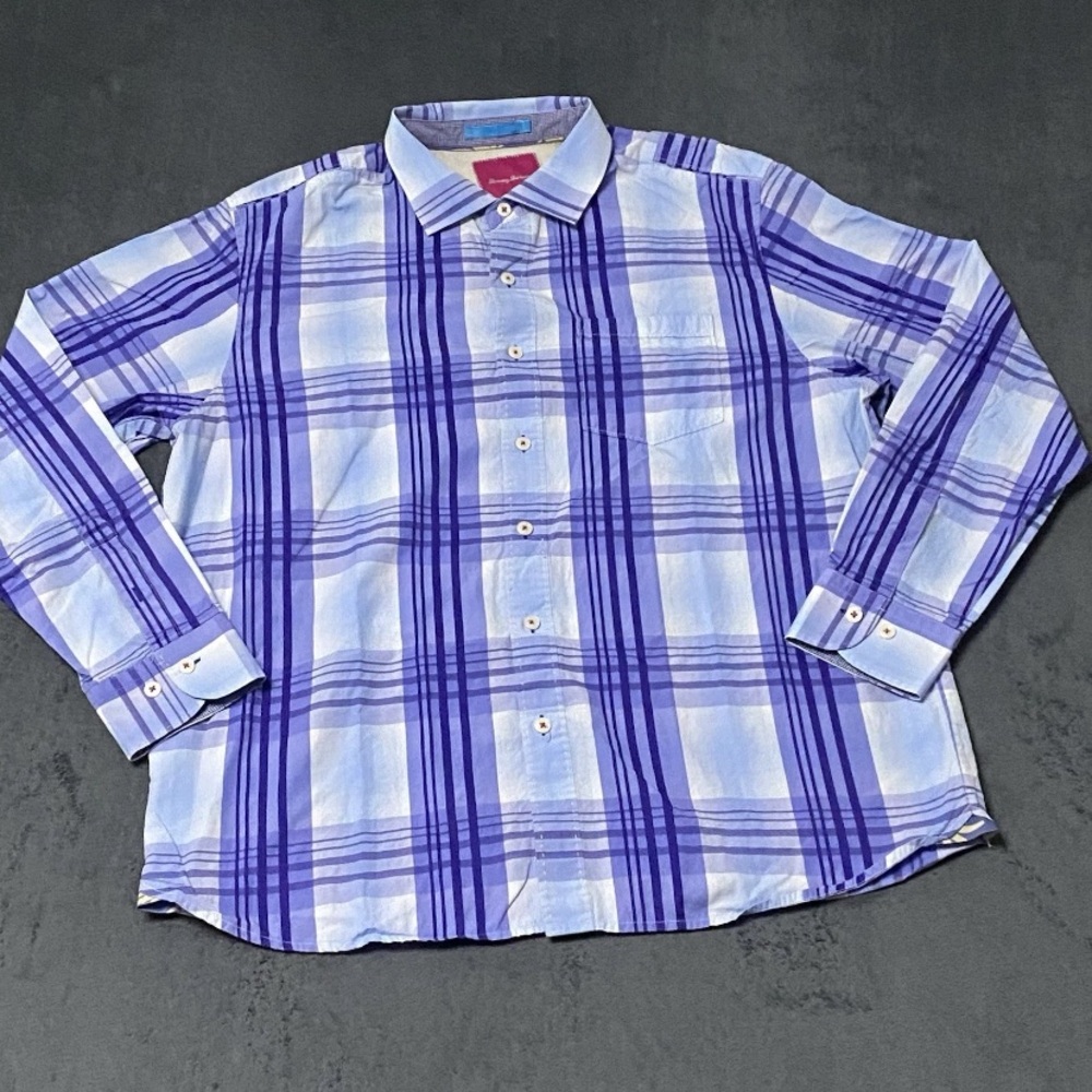 Tommy Bahama Shirt Mens X-Large Blue Plaid Button Up Long Sleeve Cotton Pocket